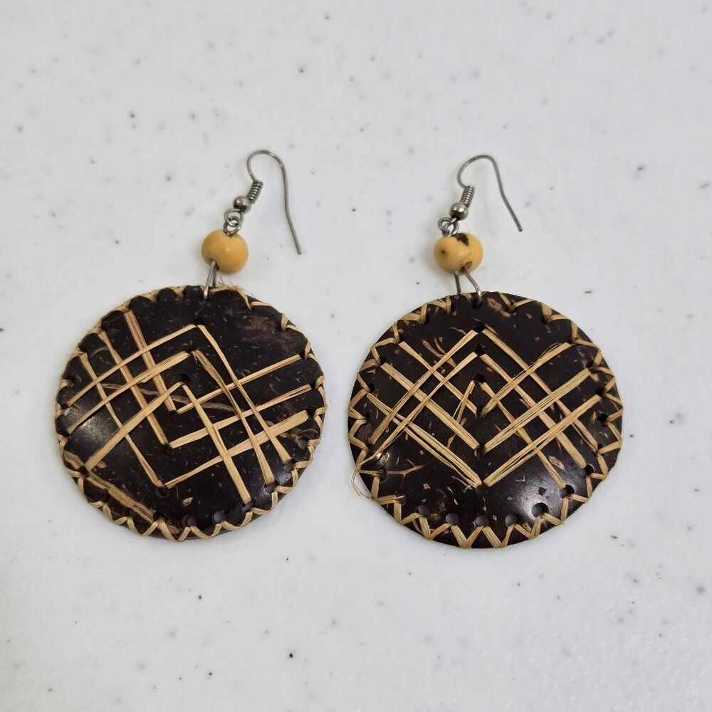 Wooden Coconut Shell Earrings Brown Geometric Boho Tribal Dangle Big